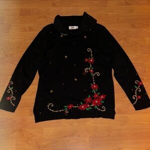 Beaded Embroidered Holiday Cowl neck Sweater K-I-K-I-T black Large